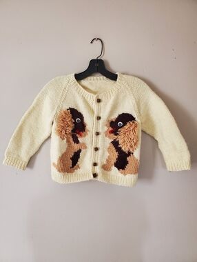 Vintage Handmade Puppy Dog Cardigan Handknit Acrylic Unisex Kid Toddler Size 3/4